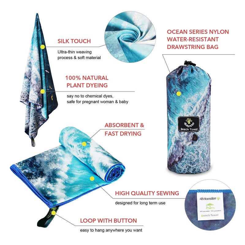 4Monster Microfiber Beach Towel Quick Dry,Super Absorbent Lightweight Travel Towel for Swimmers, Sand Free Camping Towel, Beach Towels for Pool,Swim,Water Sports,Yoga - Image 3